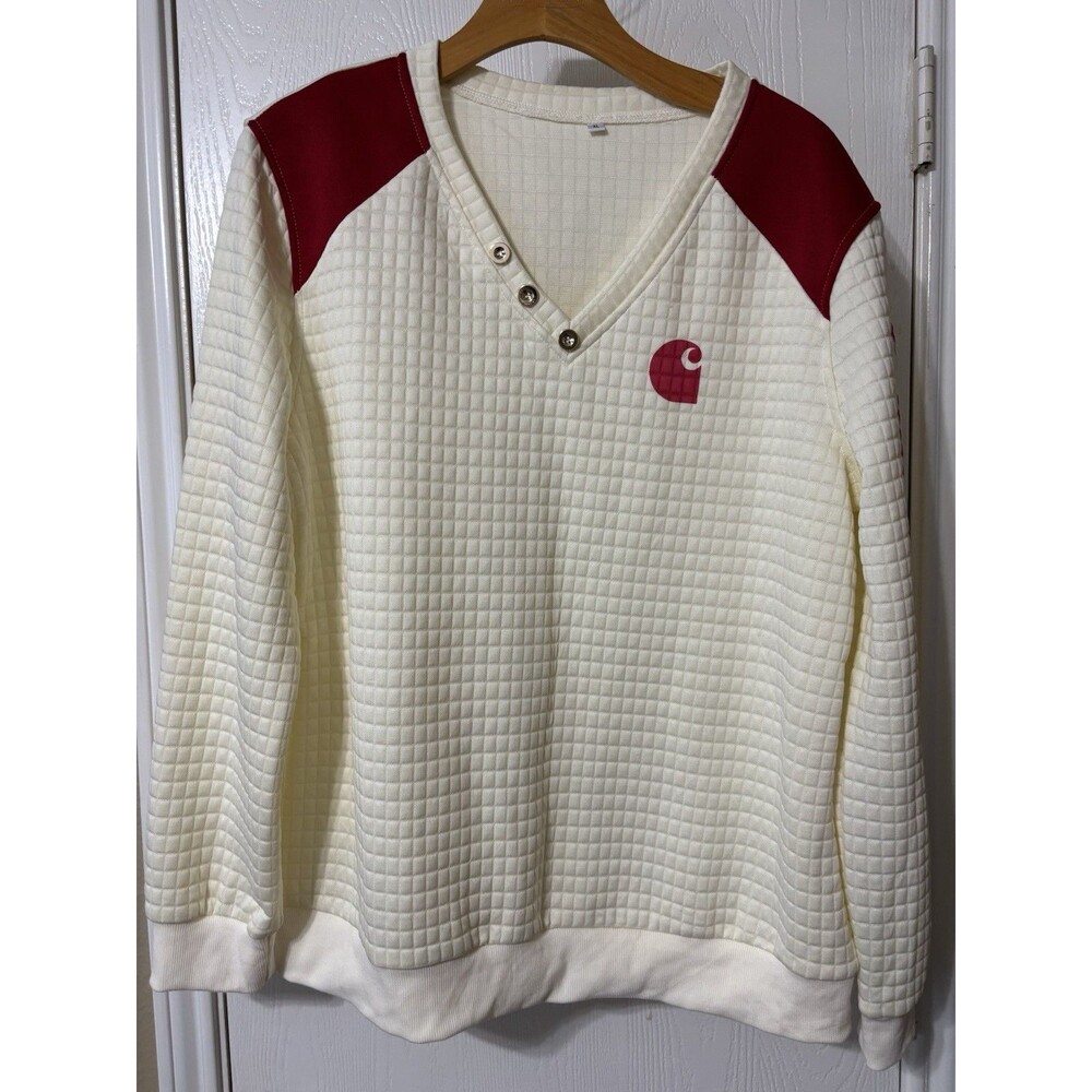 Carhartt Woman’s White Red Logo Sweater Sweatshirt Size XL Pull Over Bottom Band